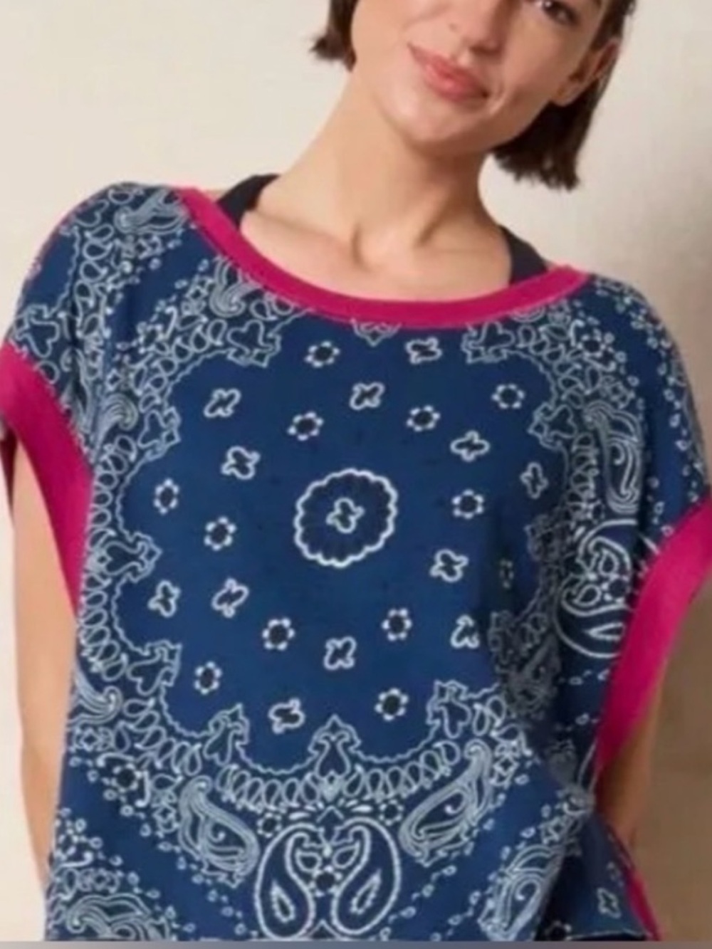 NATURAL LIFE Navy Bandana-Print Cotton Tee with Pink Trim